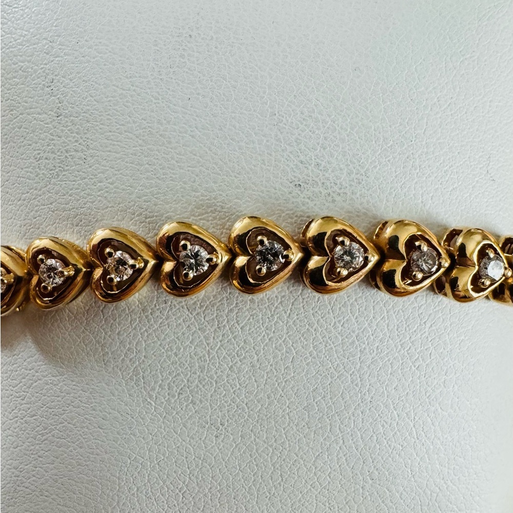 Vintage 14K Yellow Gold and Diamond Heart Link Tennis Bracelet Romantic 7" - Picture 2 of 5